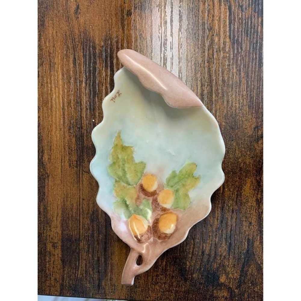 Vintage Hand Painted Ceramic Oak Leaf Trinket Dish Acorn Nut Bowl Decor‎ Vintage